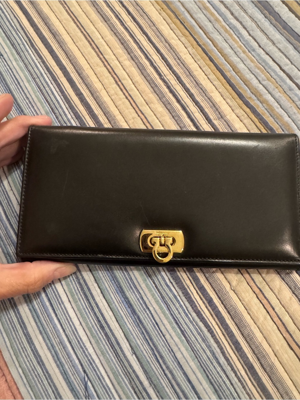 Salvatore Ferragamo Black Leather Wallet with Gold Gancini Lock